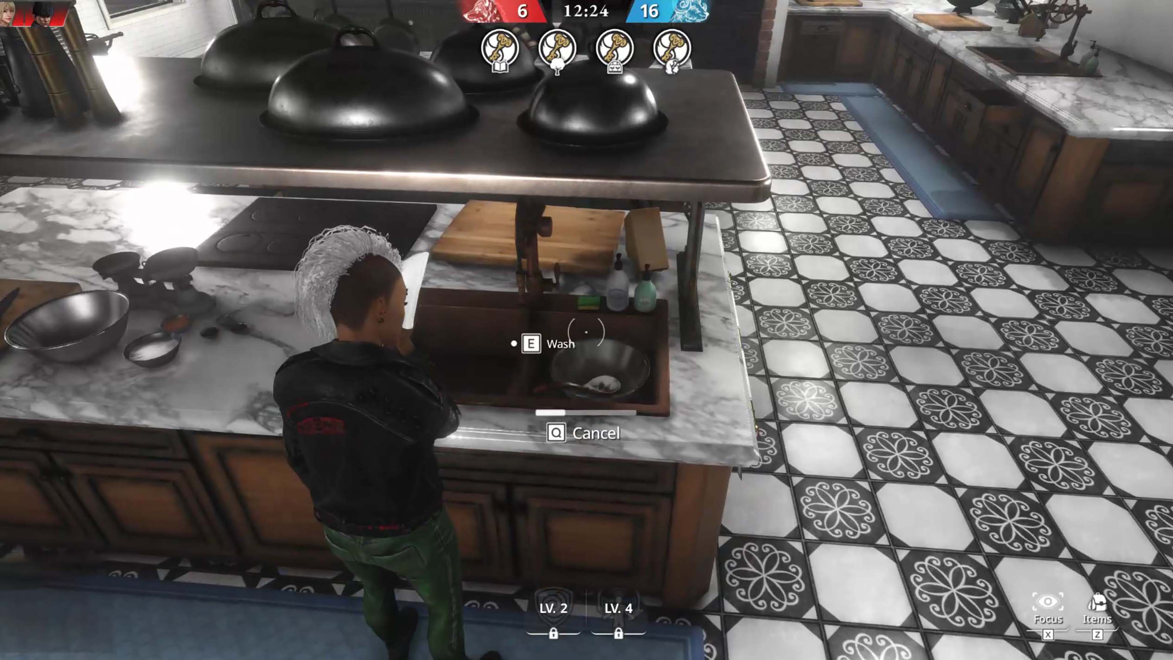 A screenshot from Killer Inn depicting a character washing themselves in the kitchen sink.