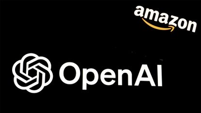 Amazon and OpenAI logos pictured against a black backdrop.