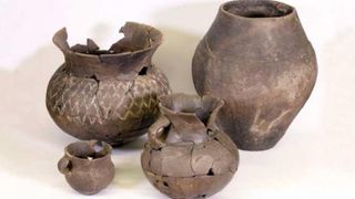 A selection of clay vessels, including a cup and vases.