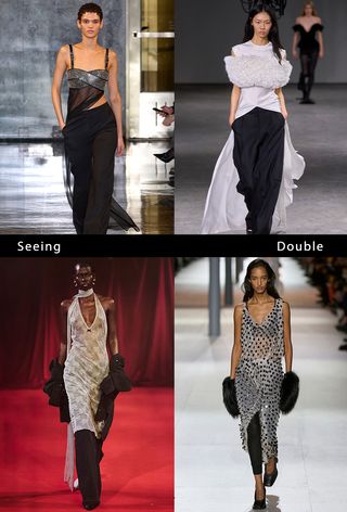 party trends of 2025 shown in a collage of models wearing the dress over pants trend in the fall 2024 runway collections of Monse, David Koma, Louis Vuitton, and Rotate