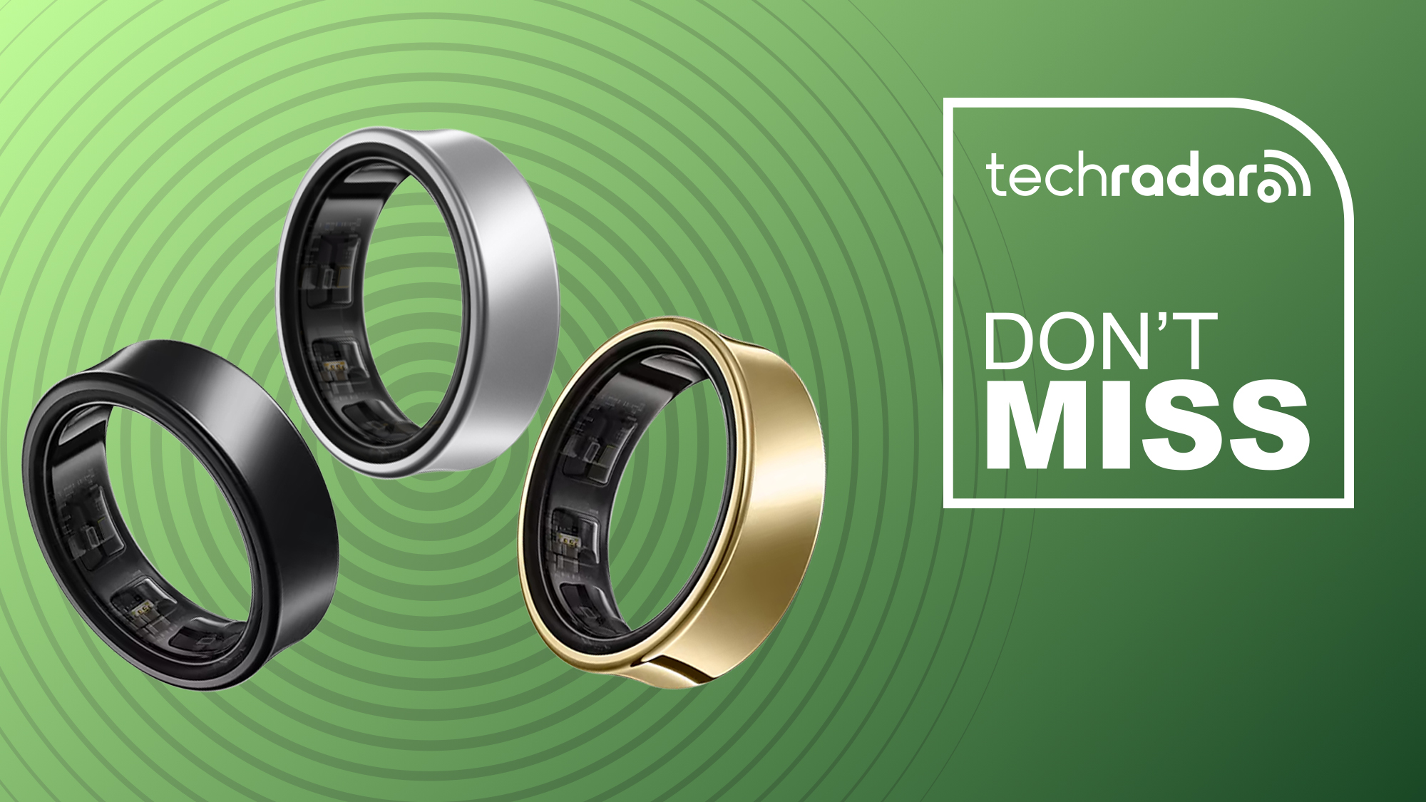 Three Samsung Galaxy Rings on a green background