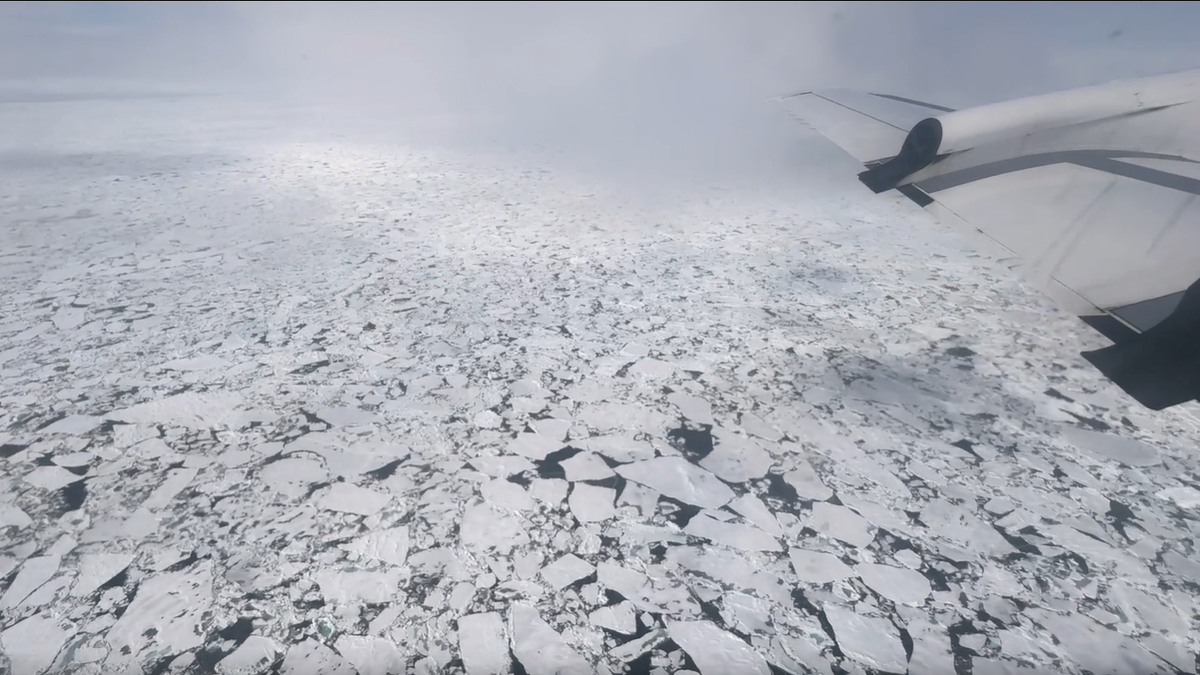 Broken sea ice with hazy clouds above. The view is from a plane flying above.