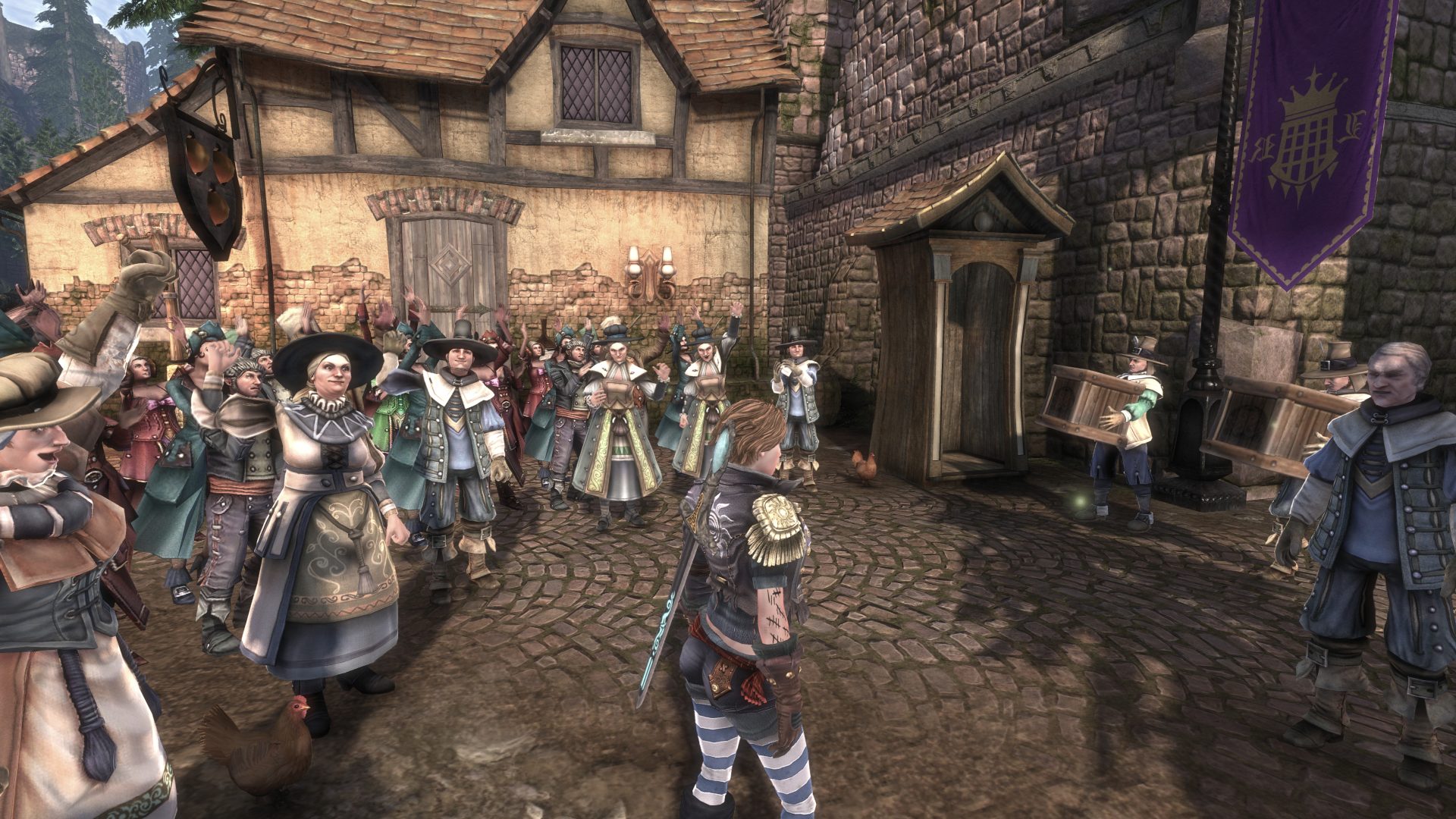 Fable 3 hero surrounded by cheering villagers.
