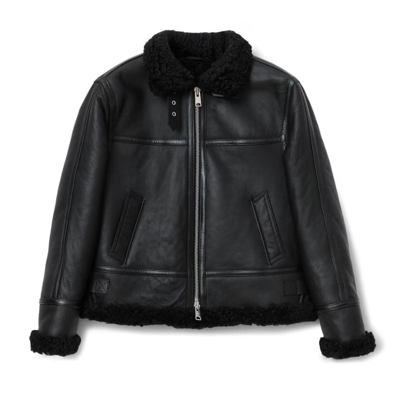 shearling-trimmed leather jacket]
