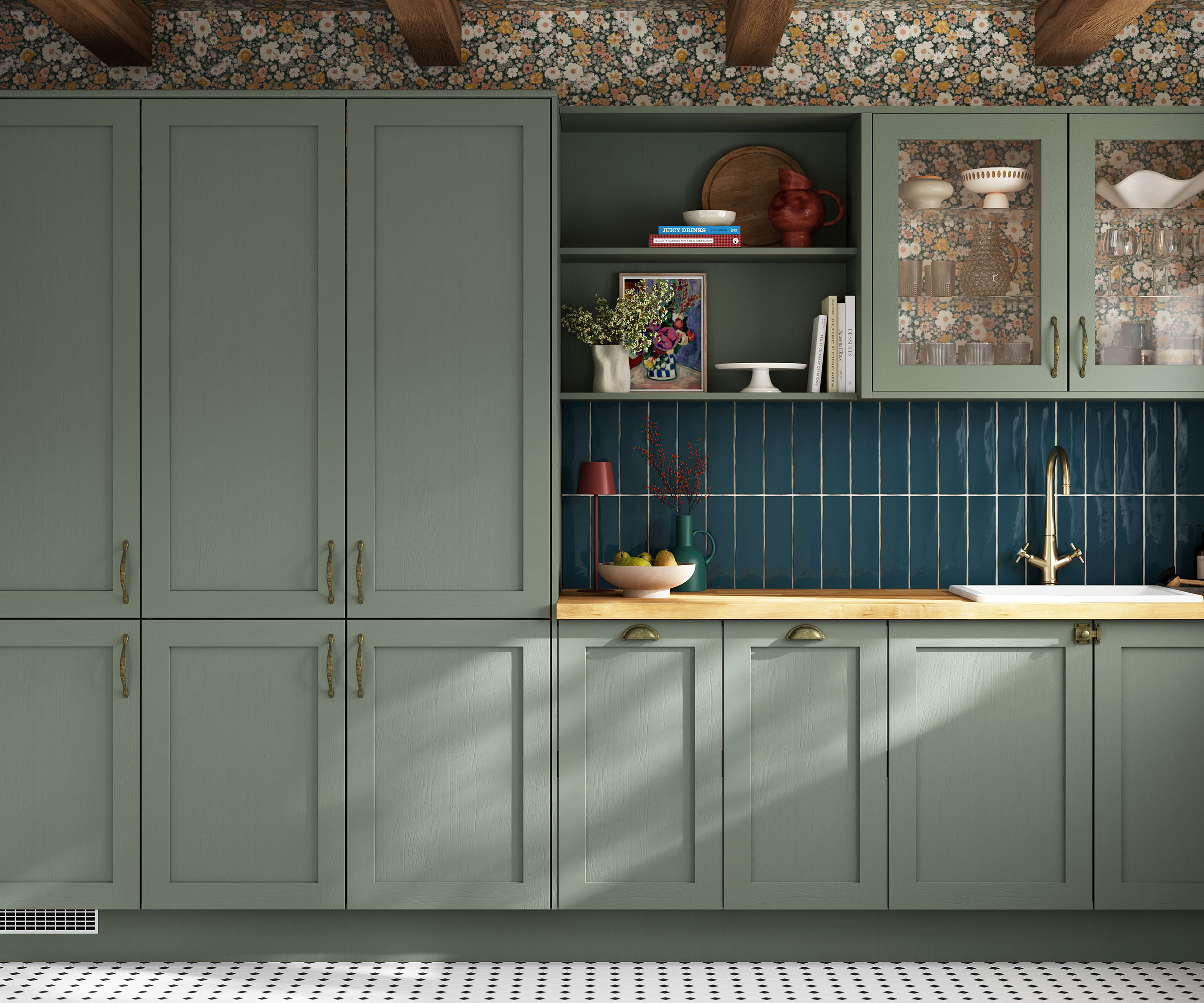 soft green Shaker kitchen with floral wallpaper and blue vertical wall tiles