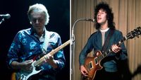 Rick Fenn of 10cc plays a Strat onstage [left]; Peter Green plays his Les Paul in the studio back in his Fleetwood Mac days.