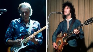 Rick Fenn of 10cc plays a Strat onstage [left]; Peter Green plays his Les Paul in the studio back in his Fleetwood Mac days.