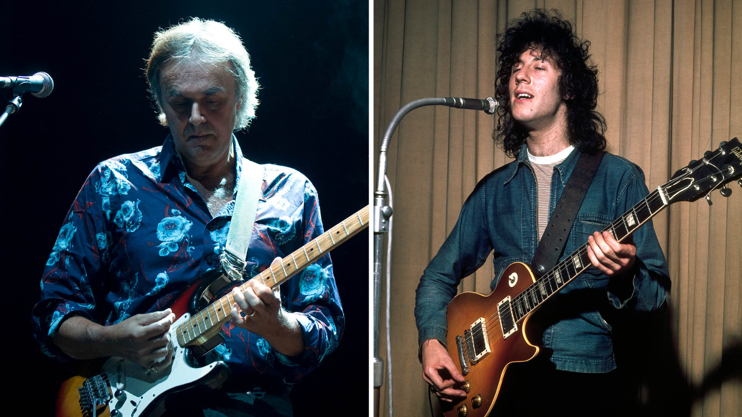 Rick Fenn of 10cc plays a Strat onstage [left]; Peter Green plays his Les Paul in the studio back in his Fleetwood Mac days.