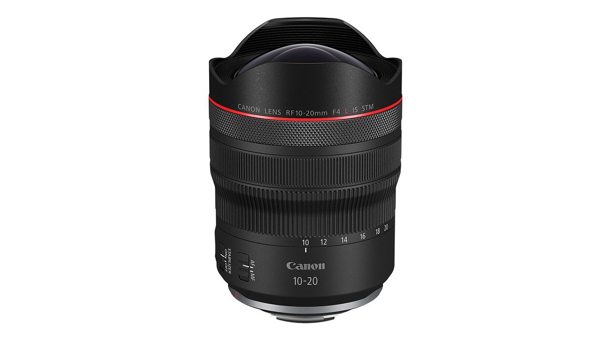 Canon RF 10-20mm F4 L IS STM lens on a white background