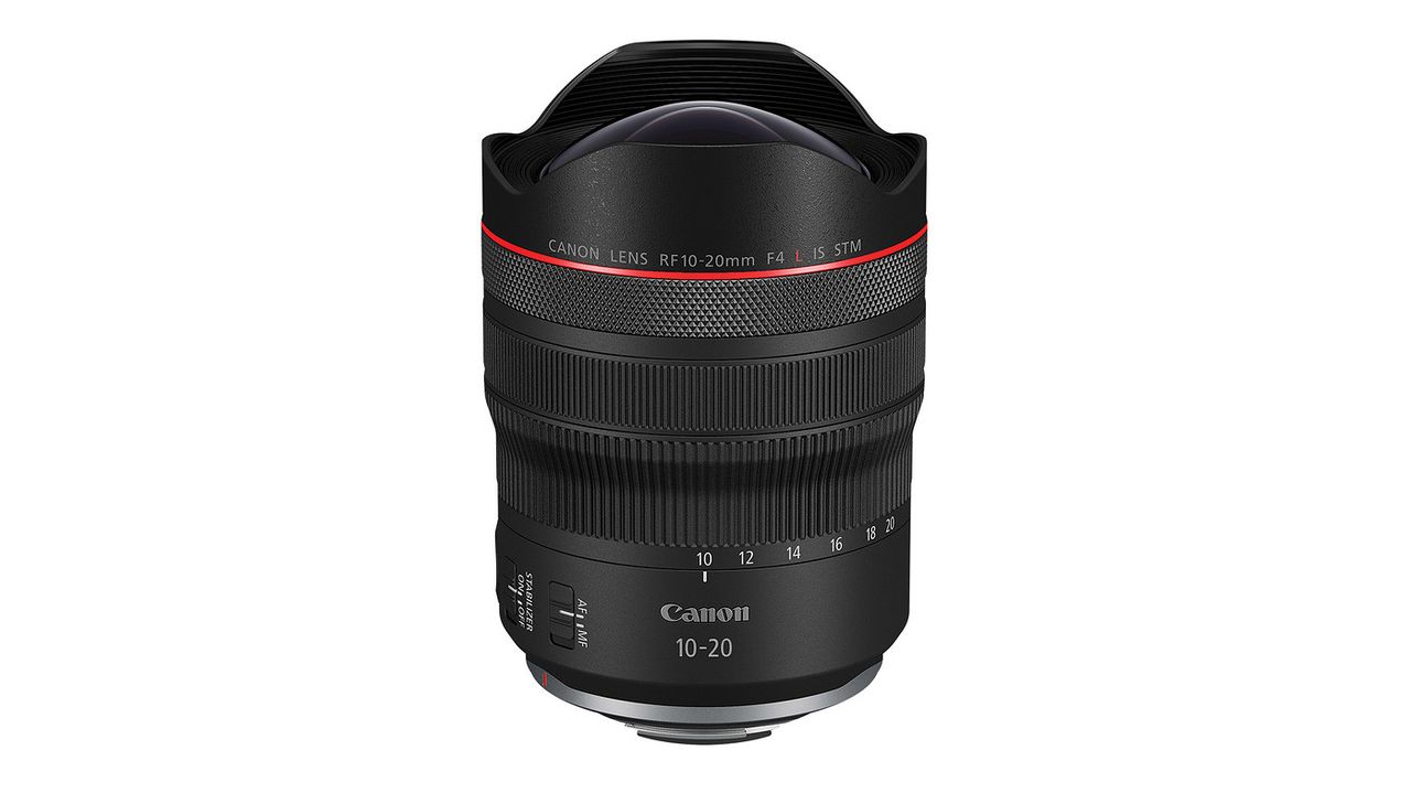 Canon RF 10-20mm F4 L IS STM lens on a white background