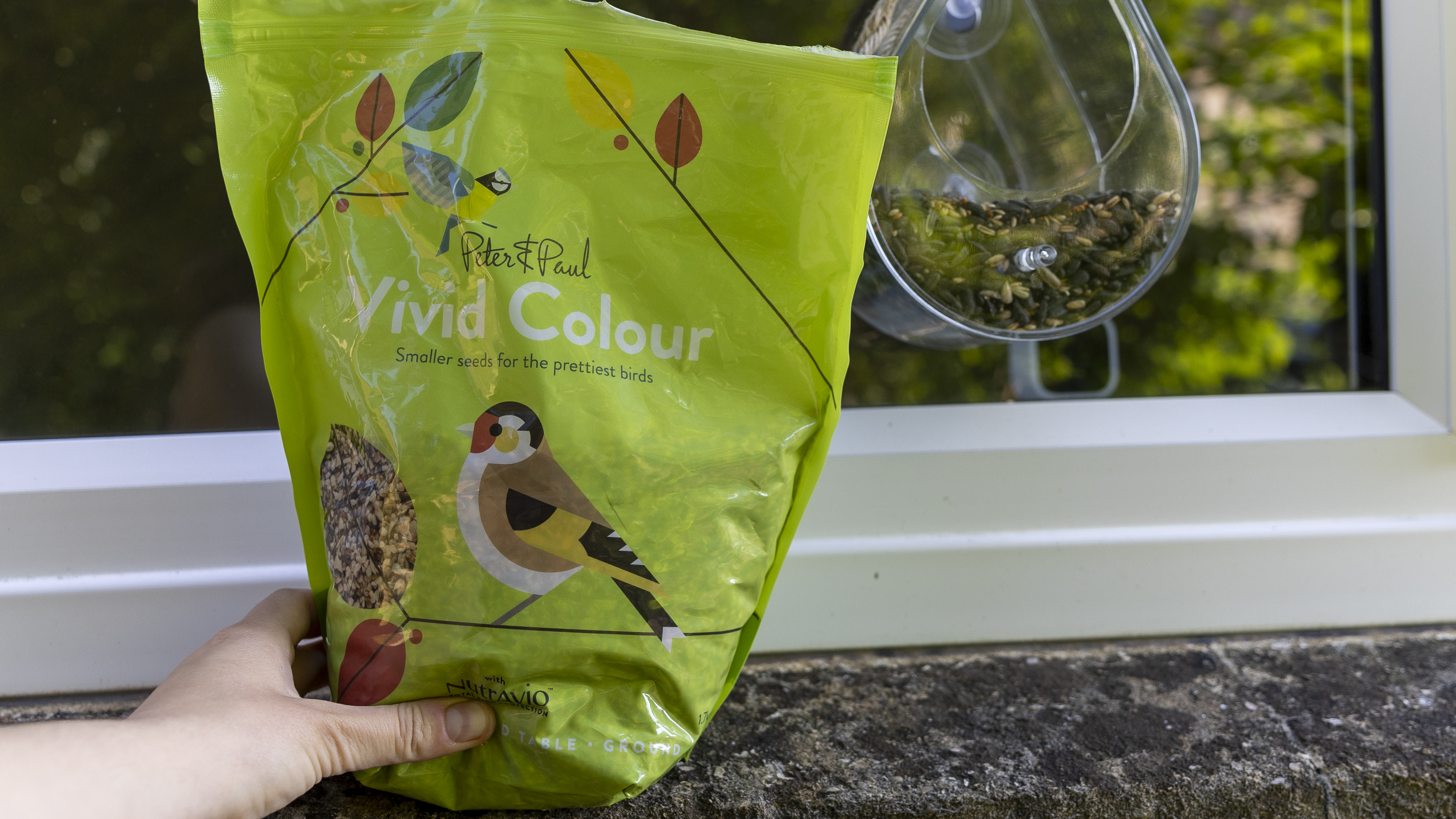 Mano femenina sosteniendo una bolsa de comida para pájaros