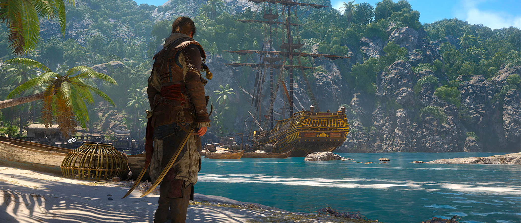 A pirate stands on a sandy beach looking at a ship