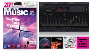 the cover of Computer Music magazine depicting timeshaping effects in a flash of blue and pink light