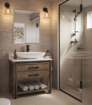 bathroom with ivory wall tiles