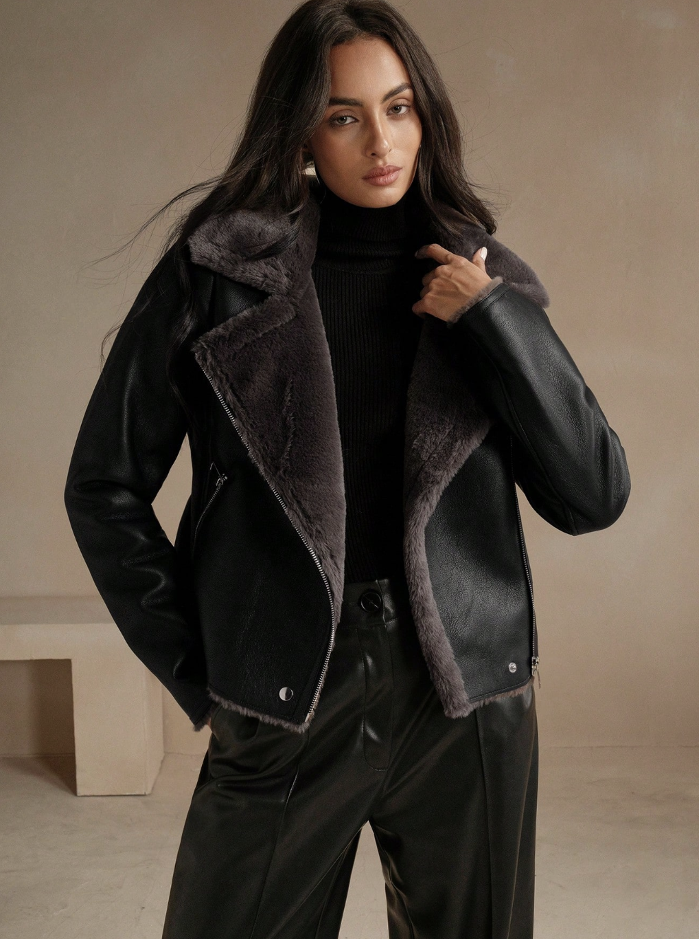 Anewsta, Leather Composite Faux Rabbit Fur Collar Jacket