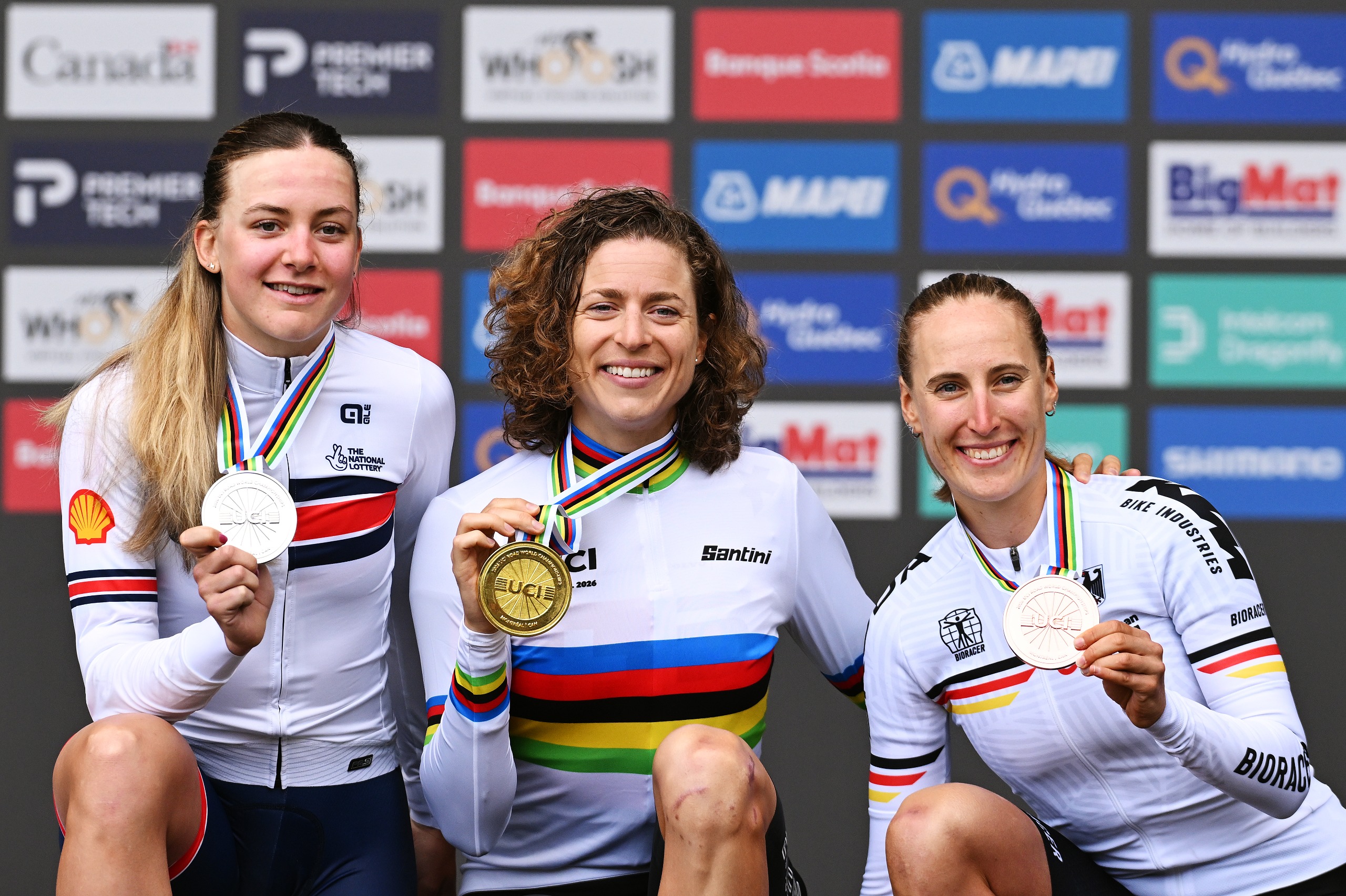 MONTREAL, QUEBEC - SEPTEMBER 20: Gold medalist Marlen Reusser and Team Switzerland (C), Silver medalist Zoe Backstedt and Team Great Britain (L) and Bronze medalist Franziska Koch and Team Germany (R) pose on the podium during the 99th UCI Road World Championships Montreal 2026 - Women Elite Individual Time Trial a 39,2km race from Montreal to Montreal on September 20, 2026 in Montreal, Quebec. (Photo by Dario Belingheri/Getty Images)