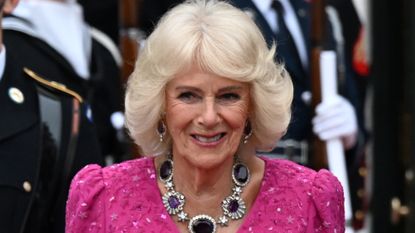 Queen Camilla, wearing an amethyst necklace, poses outside during an official state dinner hosted by the President and First Lady at The White House