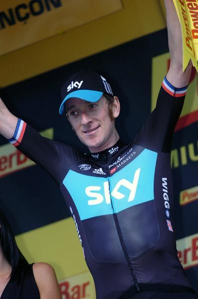 Bradley Wiggins (Sky) on the podium after a commanding individual time trial victory in Besan&ccedil;on.