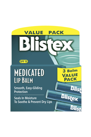 A pack of three Blistex medicated lip balms set against a white background.