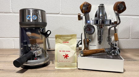 the breville bambino and lelit mara x3 photographed in a kitchen set with specialty coffee in the foreground