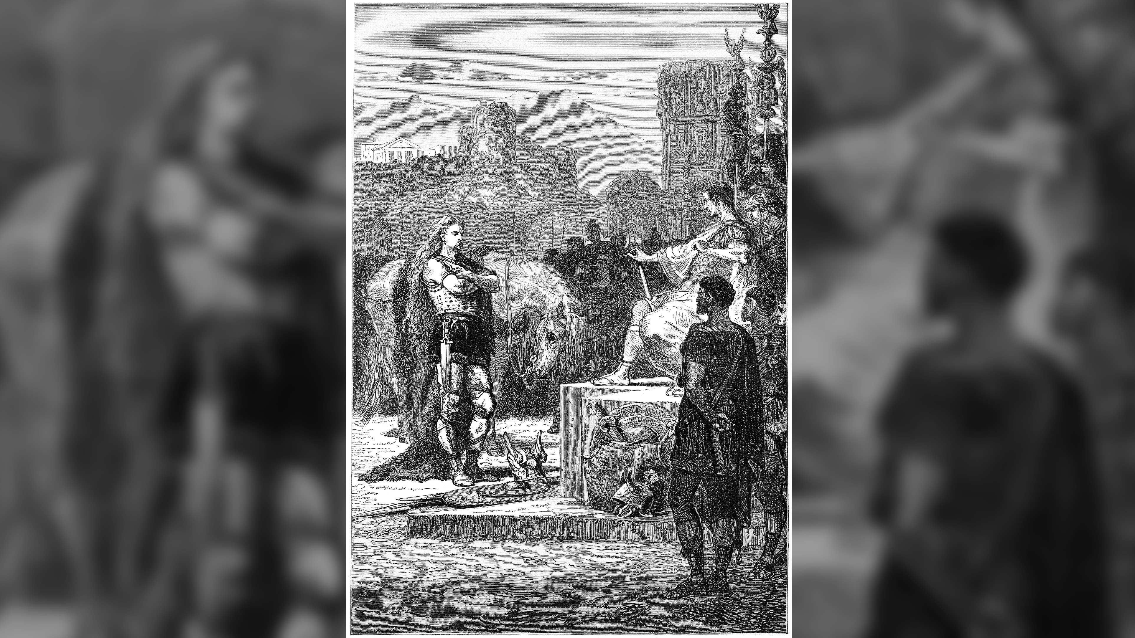 a 19th-century artist's impression of the moment Vercingetorix, a chieftain from Gaul who led Gallic resistance against the Romans, surrendered to Julius Caesar.