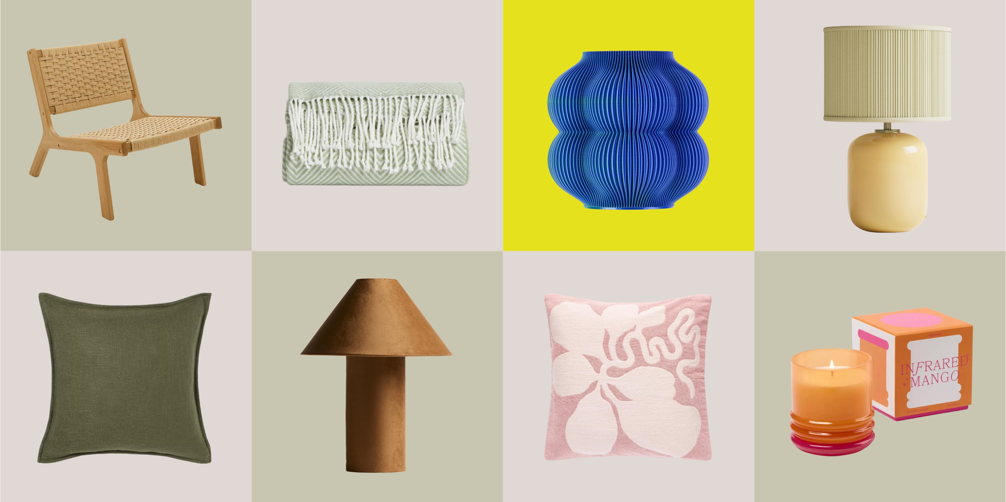 green cushion, sculptural vase, table lamps, soft throw