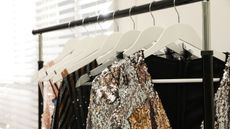 designer dress rentals: rail of sequin dresses