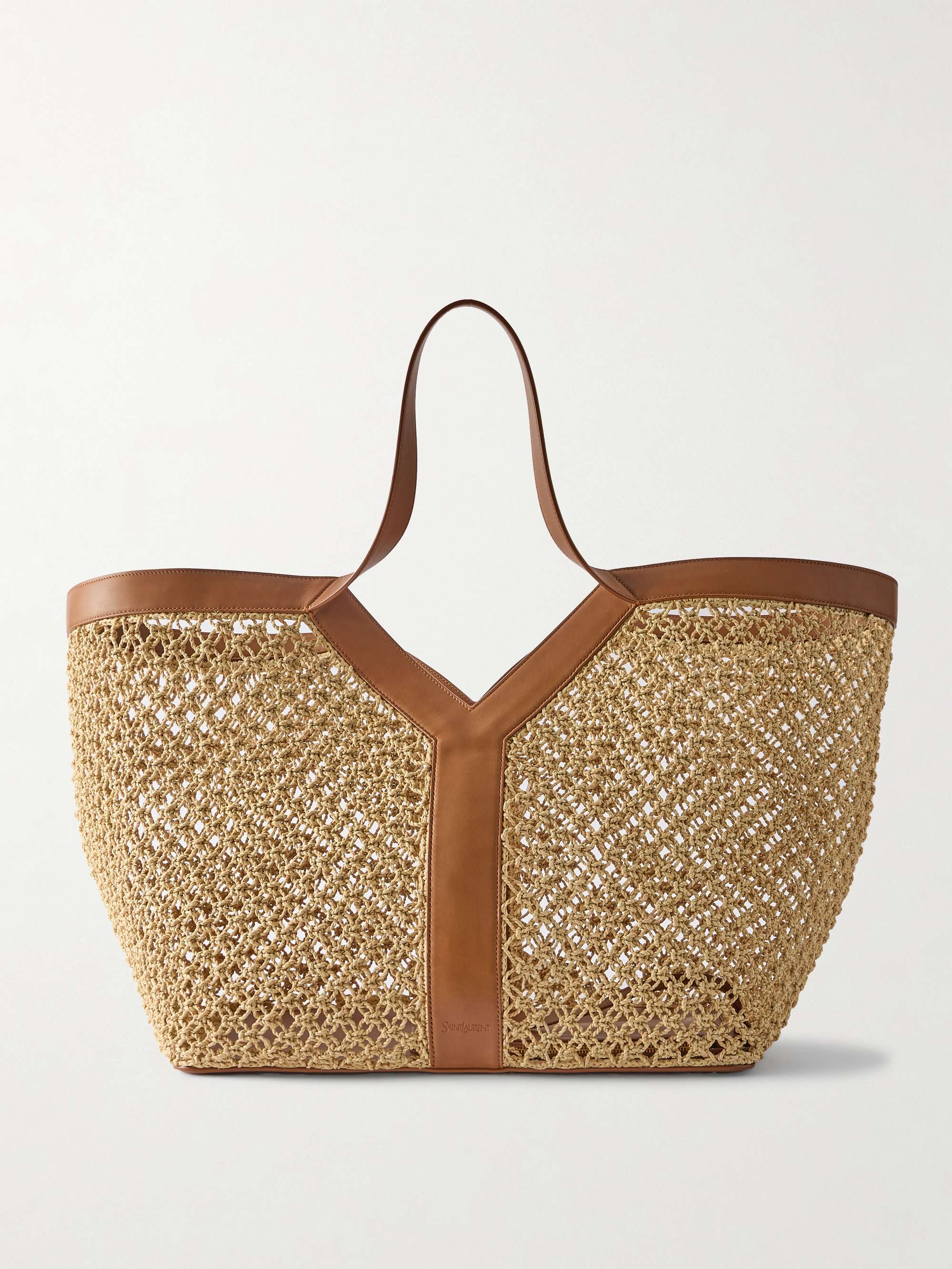 Leather-Trimmed Woven Raffia Tote
