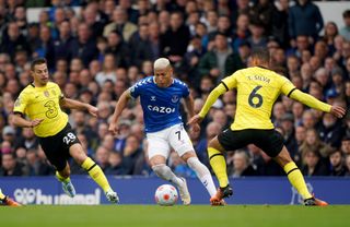 Everton’s Richarlison battles for the ball with Chelsea’s Thiago Silva (right) and Cesar Azpilicueta during the Premier League match at Goodison Park, Liverpool. Picture date: Sunday May 1, 2022