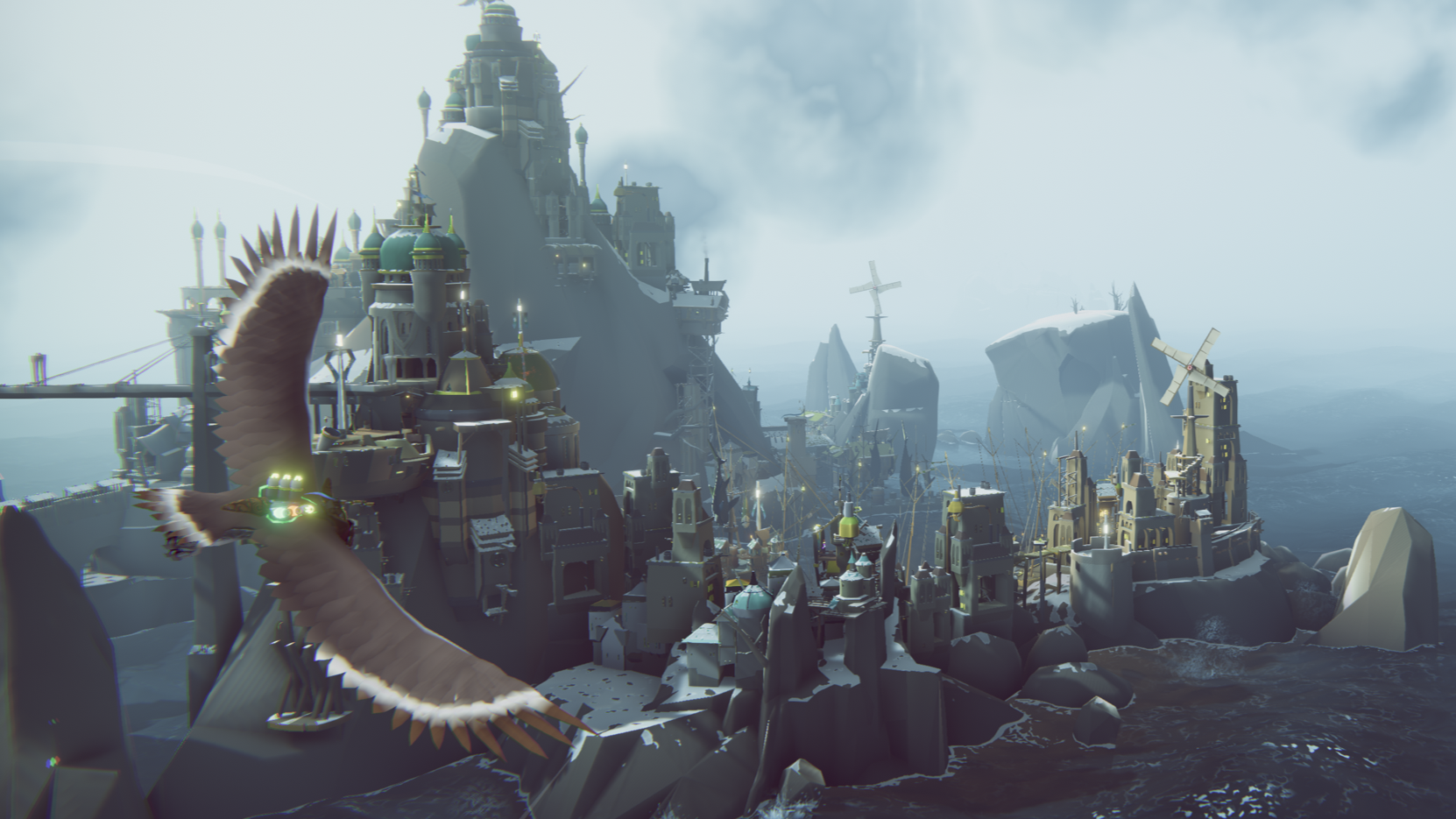 A giant falcon flies over a city built on a rocky island in The Falconeer.