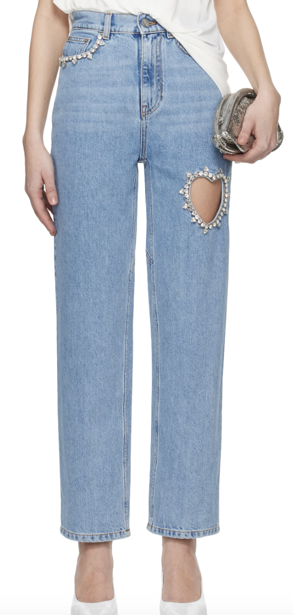 AREA, Blue Crystal Heart Jeans