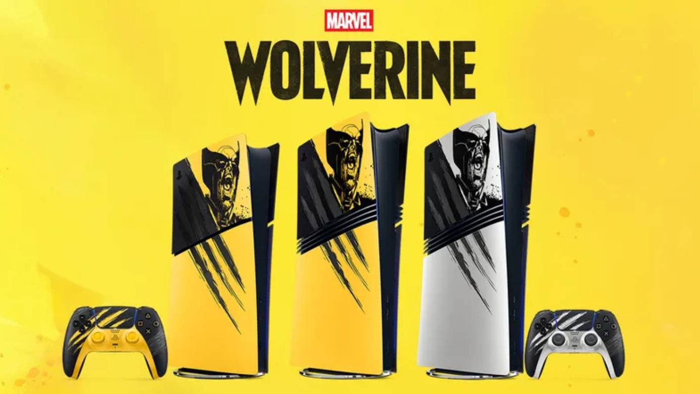 Key artwork for the Marvel's Wolverine limited edition PS5 console, DualSense controllers, and console covers on a yellow background