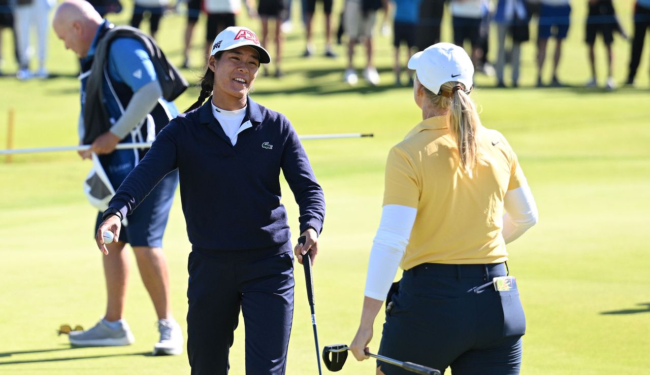 Celine Boutier smiles on the 18th green