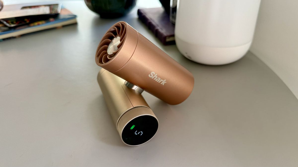 The Shark chillpill fan in latte pictured on a grey table