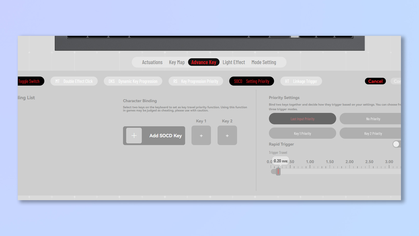 A screenshot of the Lofree Web Hub being used to customize the Lofree Hyzen