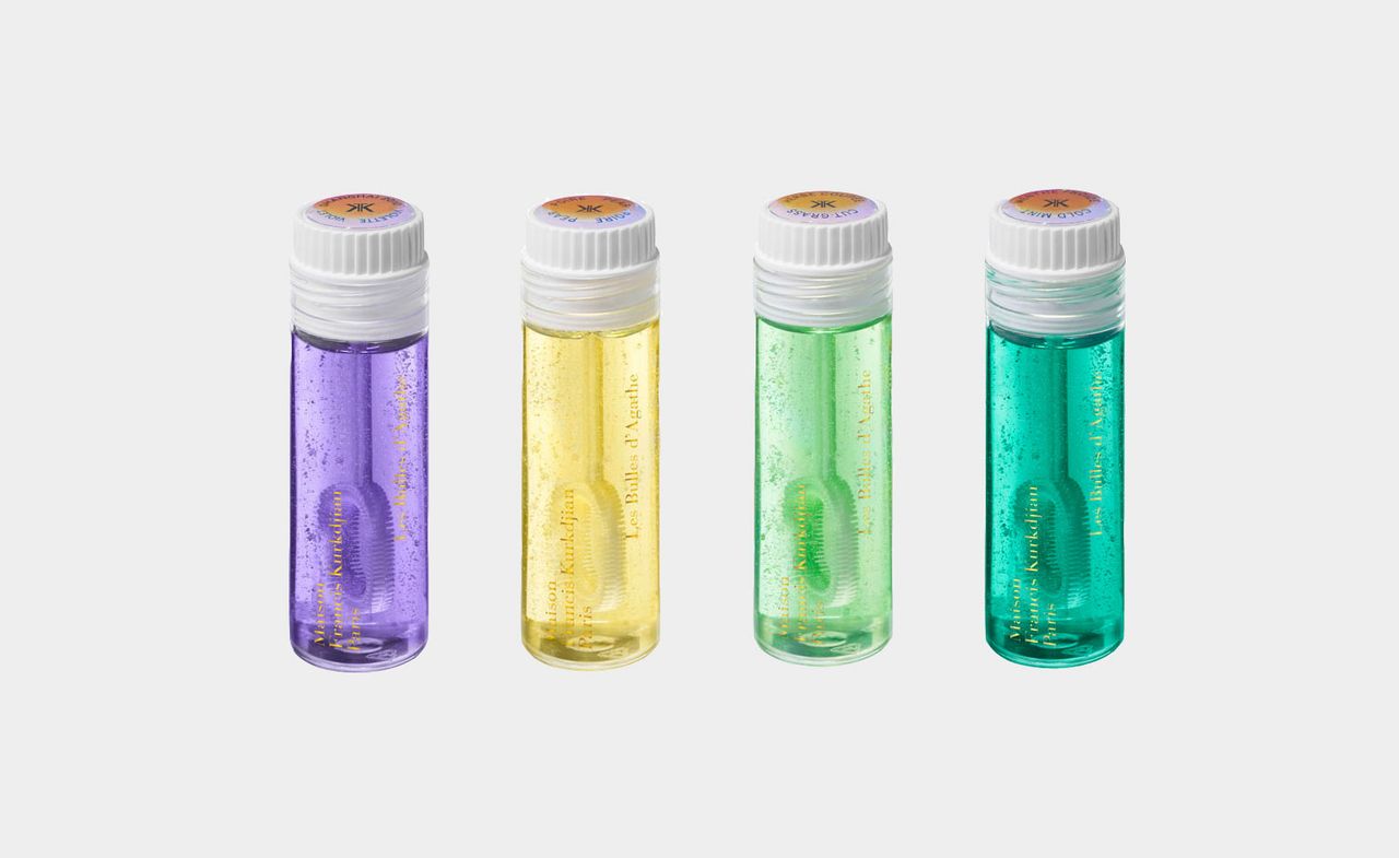 Bottles of coloured and fragranced bubble solution