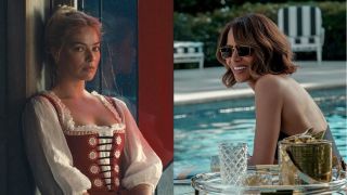 Margot Robbie looking serious in Wuthering heights/Halle Berry smiling in Crime 101
