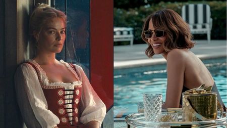 Margot Robbie looking serious in Wuthering heights/Halle Berry smiling in Crime 101