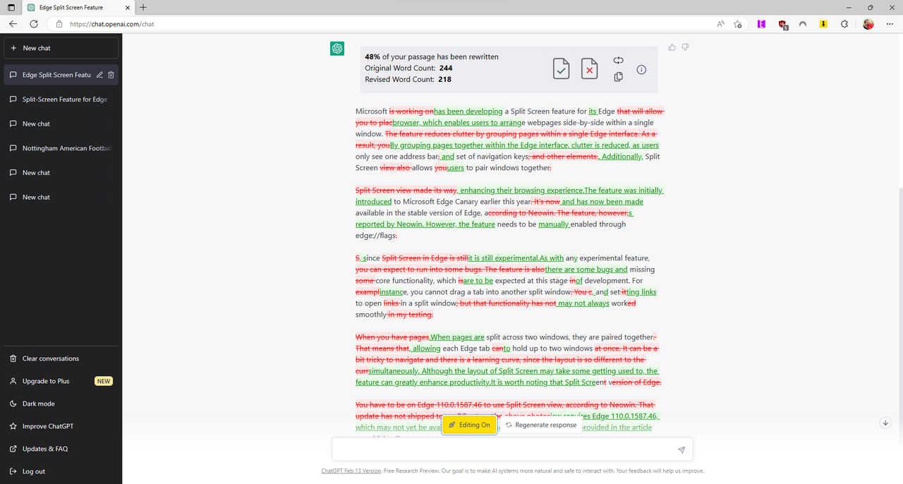 Examples of editGPT tracking changes made by ChatGPT