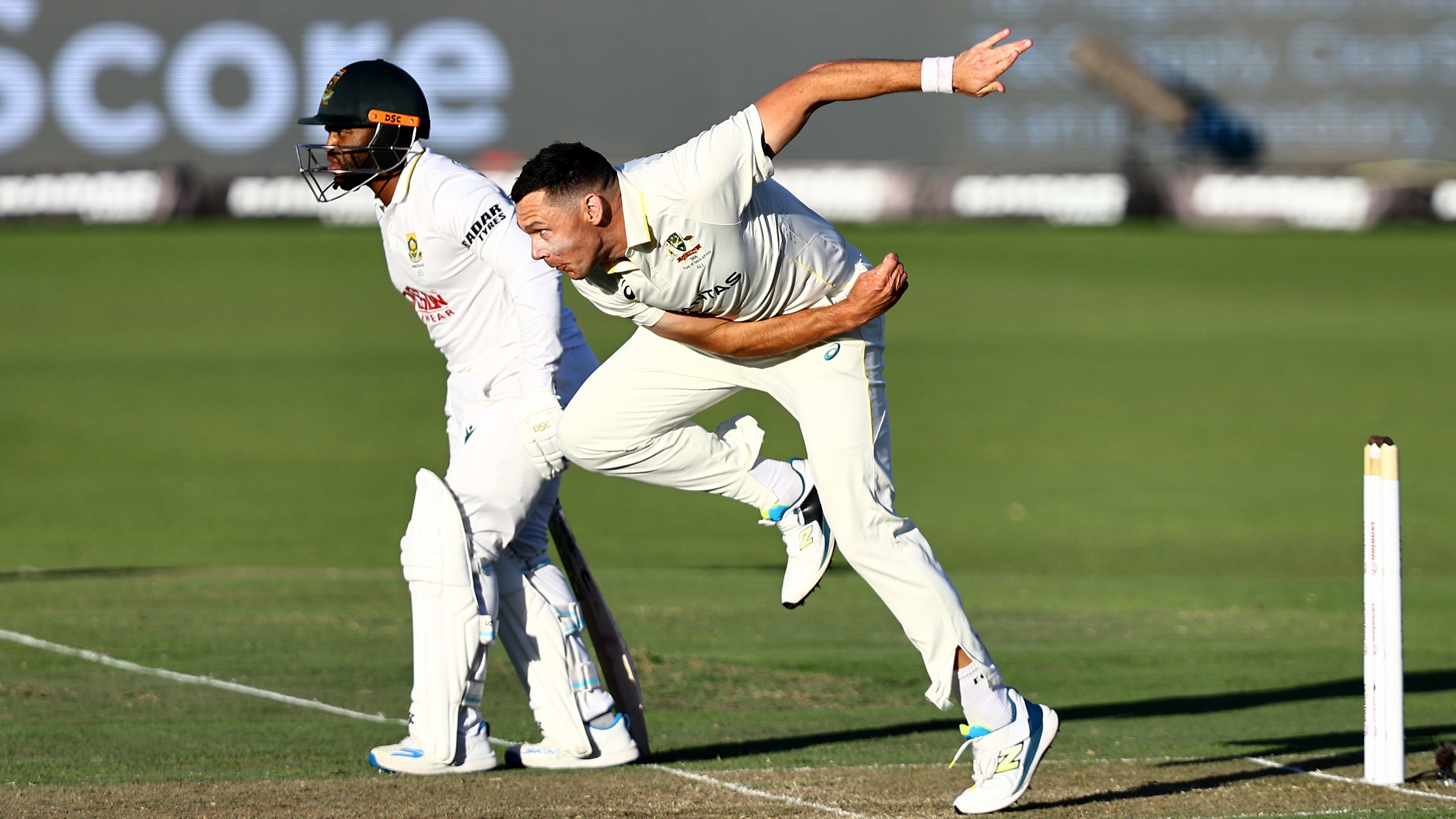 Scott Boland of Australia with Temba Bavuma of South Africa during day 2 of the 2nd Dafabet Test match between South Africa and Australia