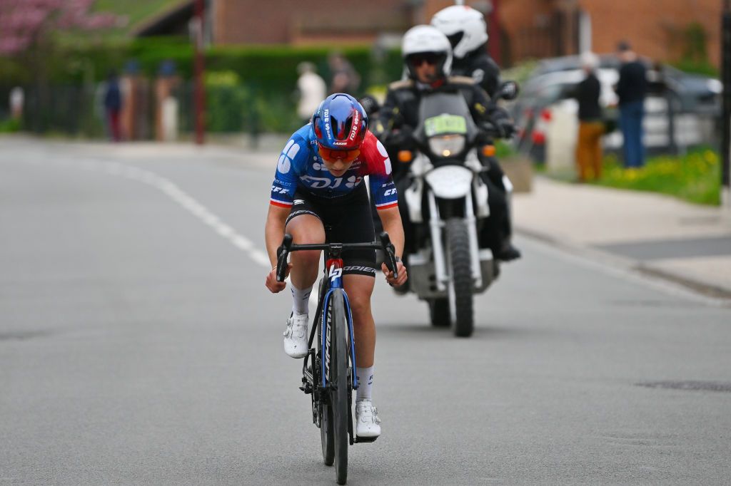 ROUBAIX FRANCE APRIL 06 Jade Wiel of France and Team FDJSuez competes in the breakaway during the 4th ParisRoubaix Femmes 2024 a 1485km one day race from Denain to Roubaix on UCIWWT April 06 2024 in Roubaix France Photo by Luc ClaessenGetty Images