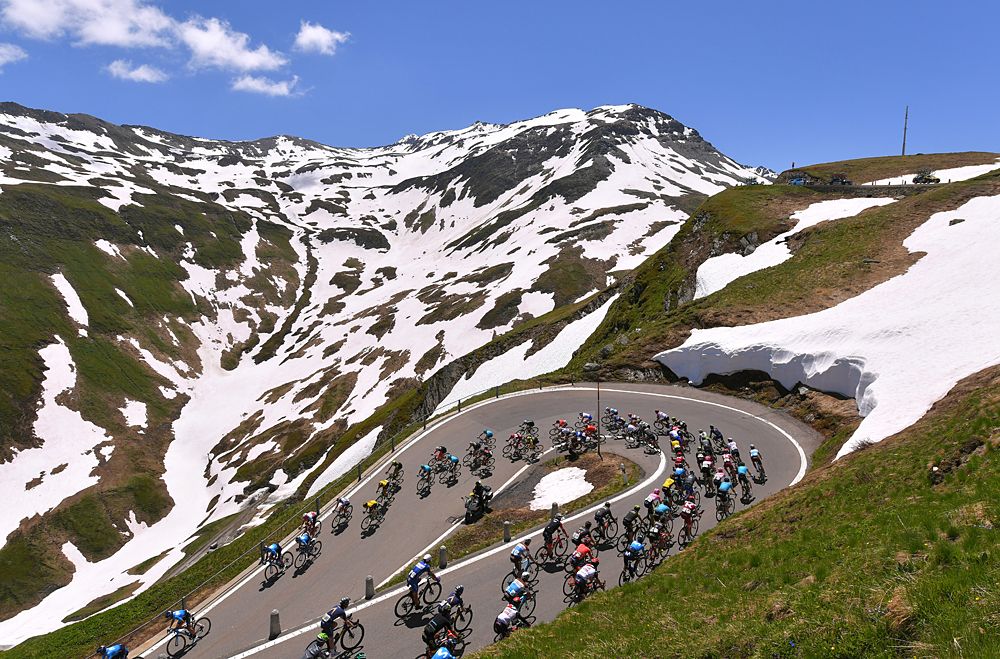 Switchbacks in the mountains of stage 6 at Tour de Suisse