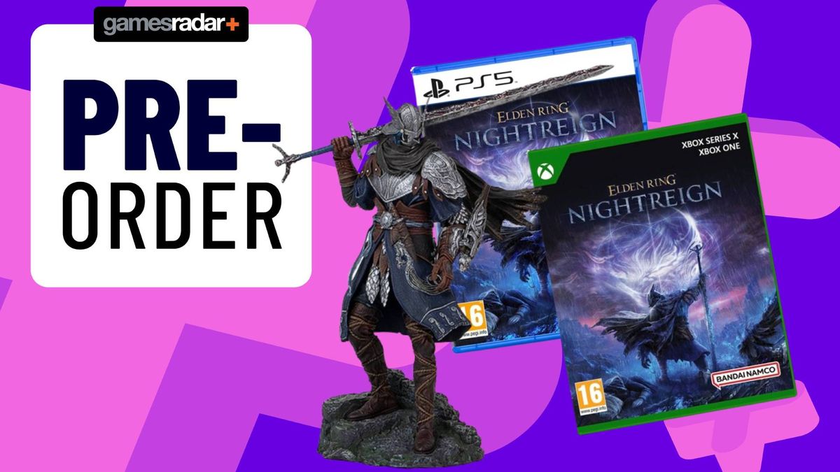 Image of the box art for the PS5 and Xbox versions of Elden Ring Nightreign, including the Elden Ring Nightreign statue, on a purple GamesRadar background.