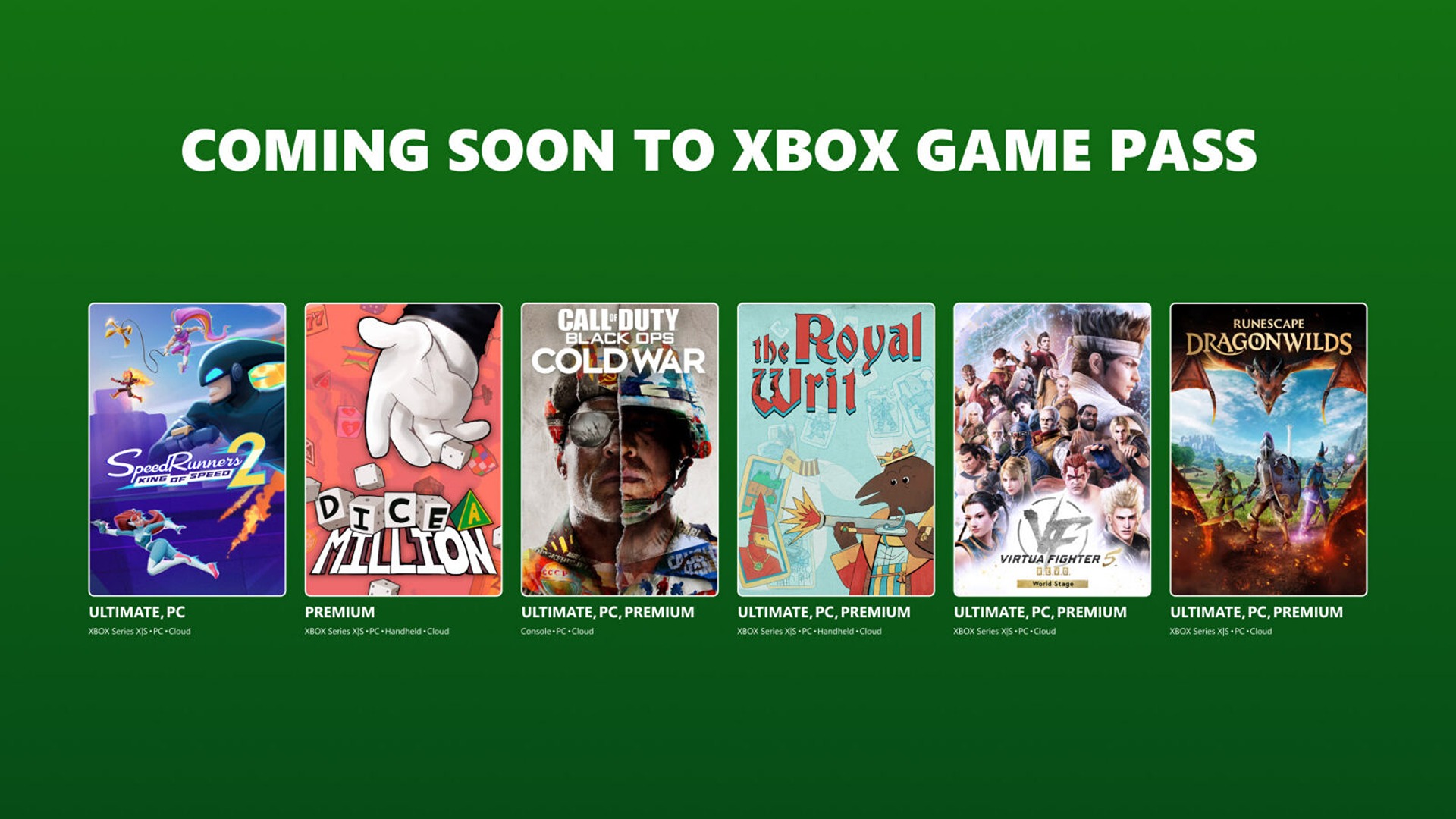A list of games coming soon to Xbox Game Pass, some of which include Call of Duty: Black Ops Cold War, RuneScape Dragonwilds, and Virtua Fighter 5 R.E.V.O. World Stage.