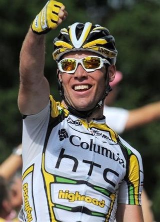 Mark Cavendish (Columbia-HTC) celebrates his fourth stage win at the 2009 Tour de France.