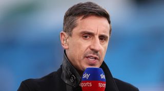 Gary Neville speaks during a broadcast for Sky Sports ahead of the Premier League match between Manchester City and West Ham United at the Etihad Stadium on May 3, 2023 in Manchester, England.