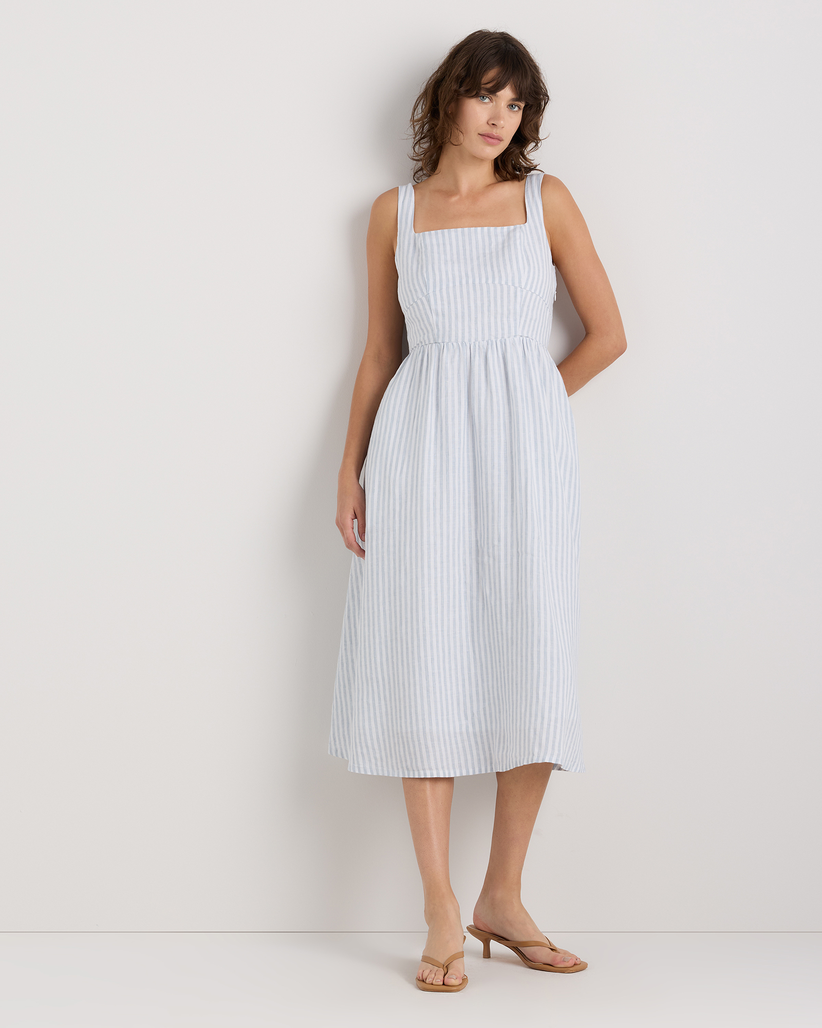 100% European Linen Fit &amp;amp; Flare Midi Dress in Blue Pinstripe