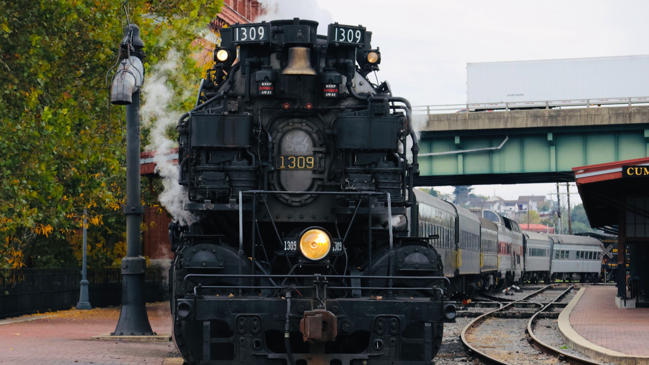 Cumberland, United States &amp;ndash; October 12, 2022: The Western Maryland Scenic Railroad steam train captured from the front.