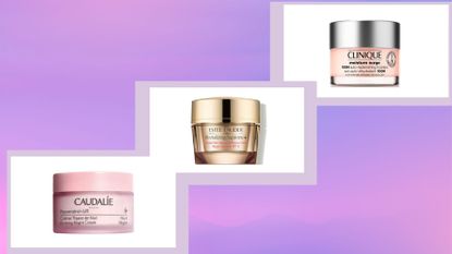 three of MIL's best moisturizers for dry skin from Caudalie, Estee Lauder and Clinique—on a pink and purple ombré background