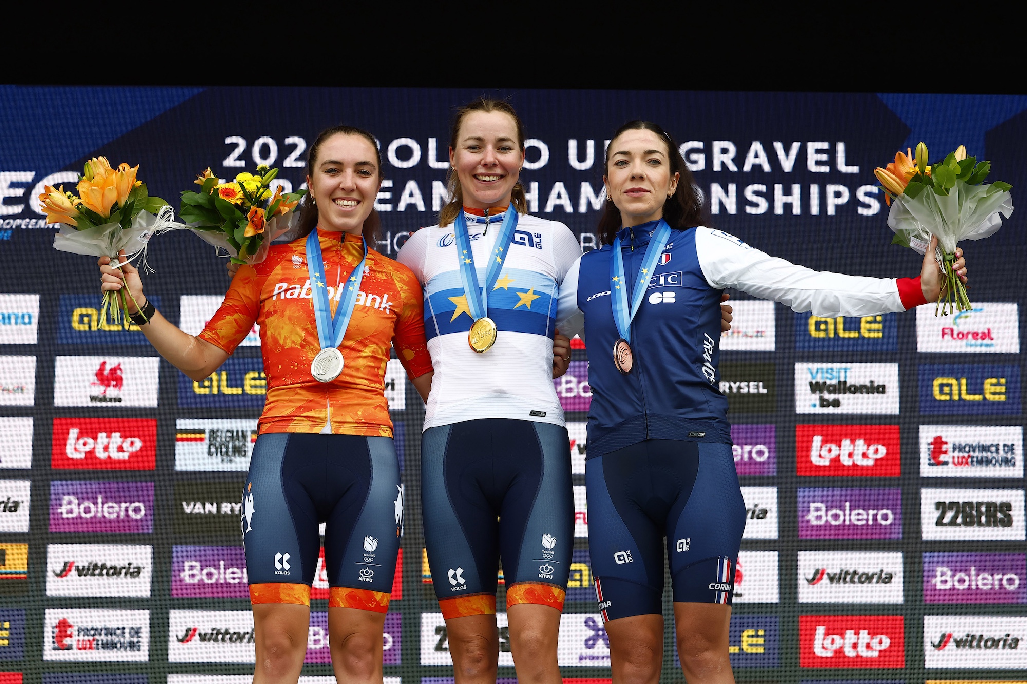 Femke Markus (Netherlands) claims the title at the UEC Gravel European Championships in Houffalize 2026 with Shirin van Anrooij (Netherlands) second and Axelle Dubau-Pr&amp;eacute;vot (France) third